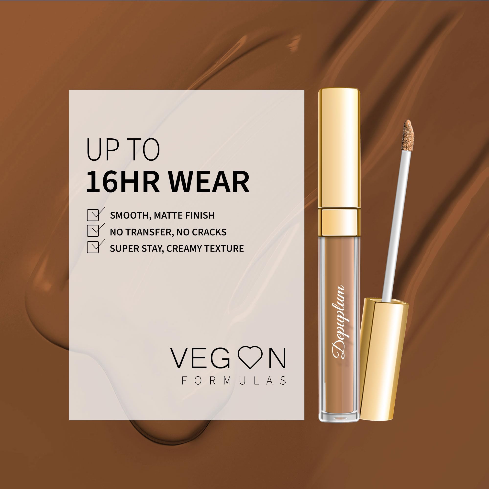 Depuplum vegan formula label highlighting rose oil and Vitamin E benefits.