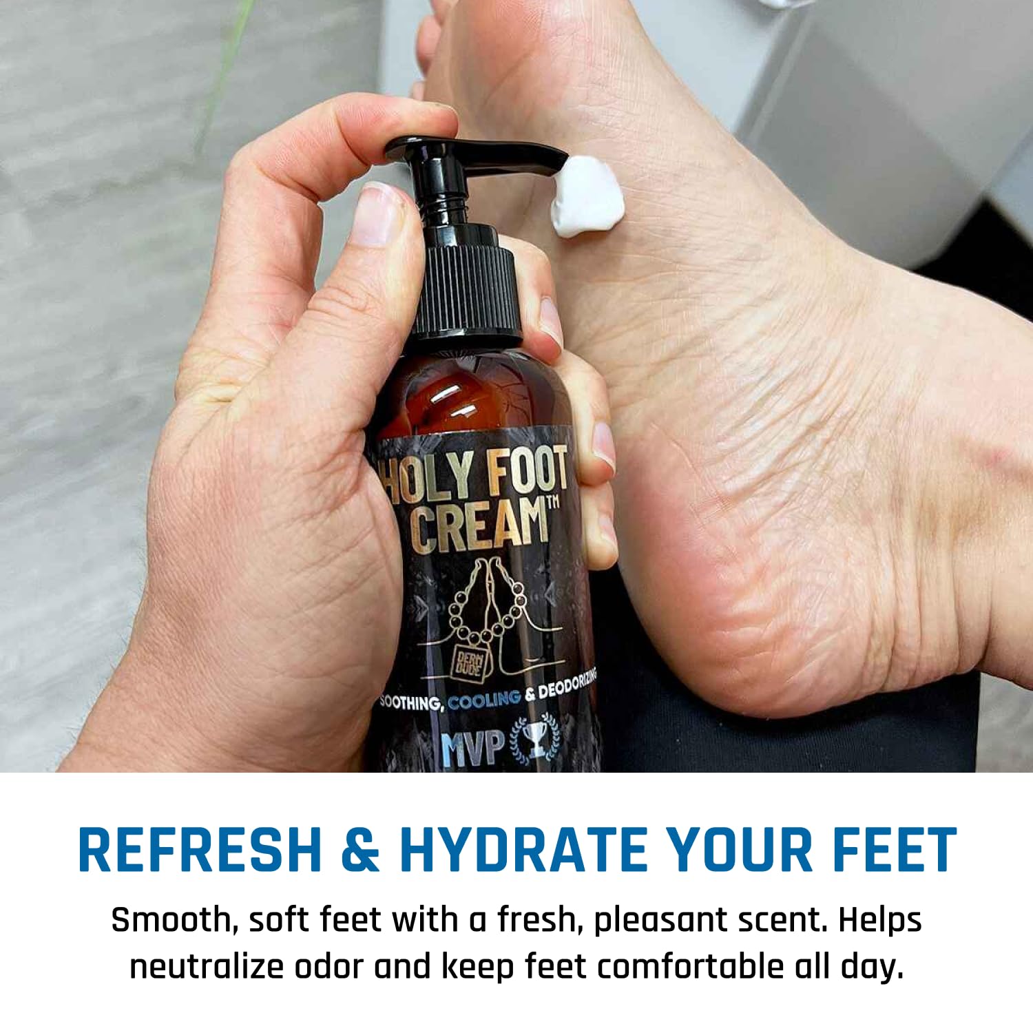 Derm Dude Holy Foot Cream absorption shot captures quick, non-greasy settling.