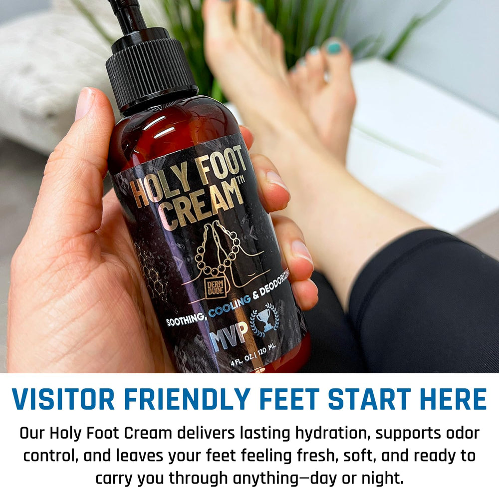 Derm Dude Holy Foot Cream daily-use scene suggests versatility for all skin types.