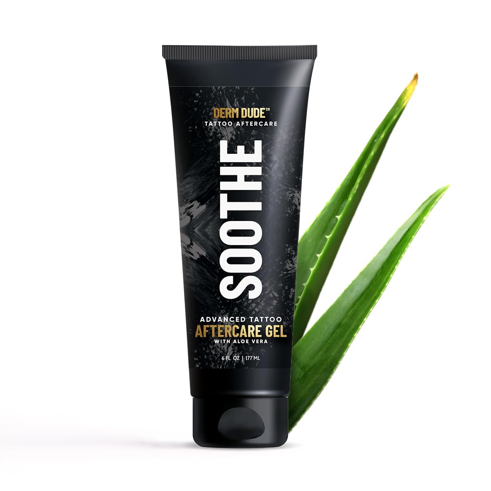 Derm Dude Tattoo Soothing Gel tube close-up shows calming formula for new tattoos
