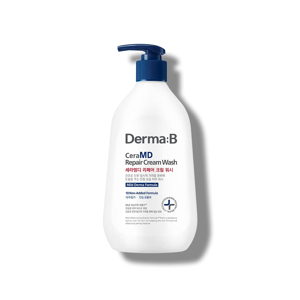 Derma B Ceramd Repair Cream Wash bottle shows creamy-to-foam cleansing for dry, sensitive skin.