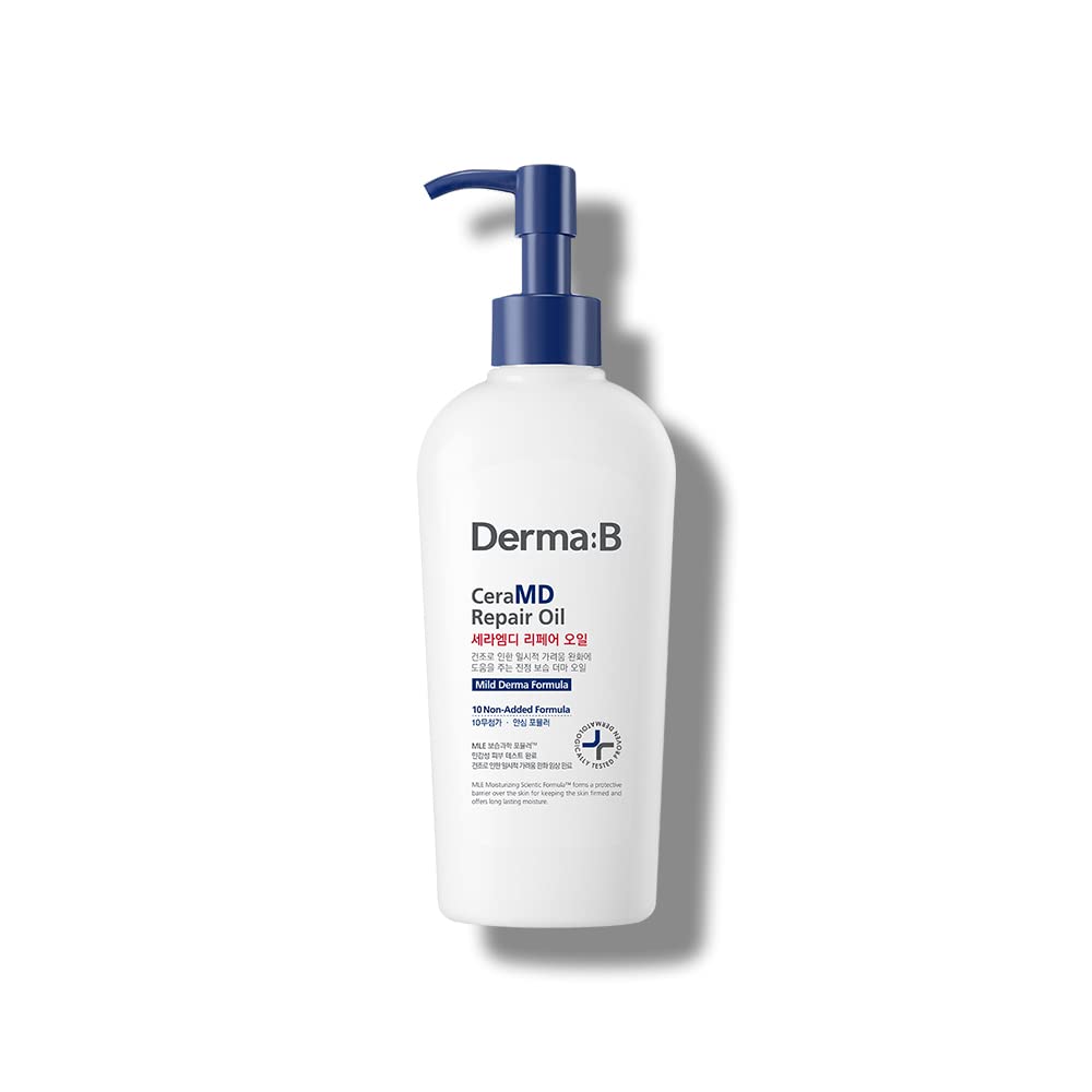 Derma B CeraMD Repair Oil 200ml bottle demonstrates fast-absorbing hydration without greasiness.
