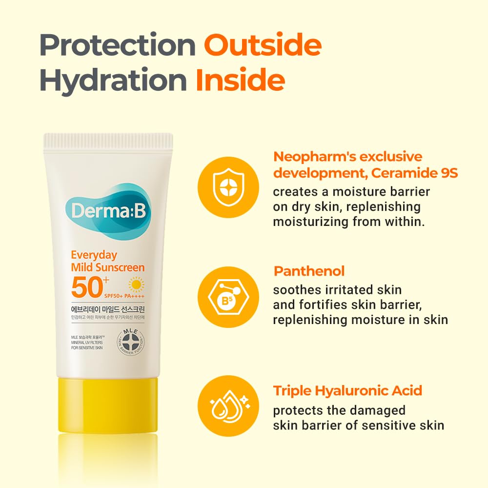 Derma B Everyday Mild Sunscreen family scene shows adults and kids using sunscreen safely.