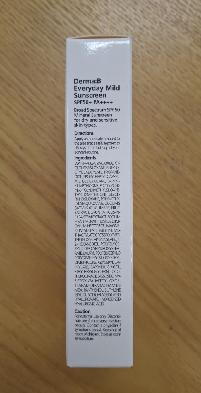 Derma B Everyday Mild Sunscreen ingredients visuals include barbary fig and cucumber extracts.