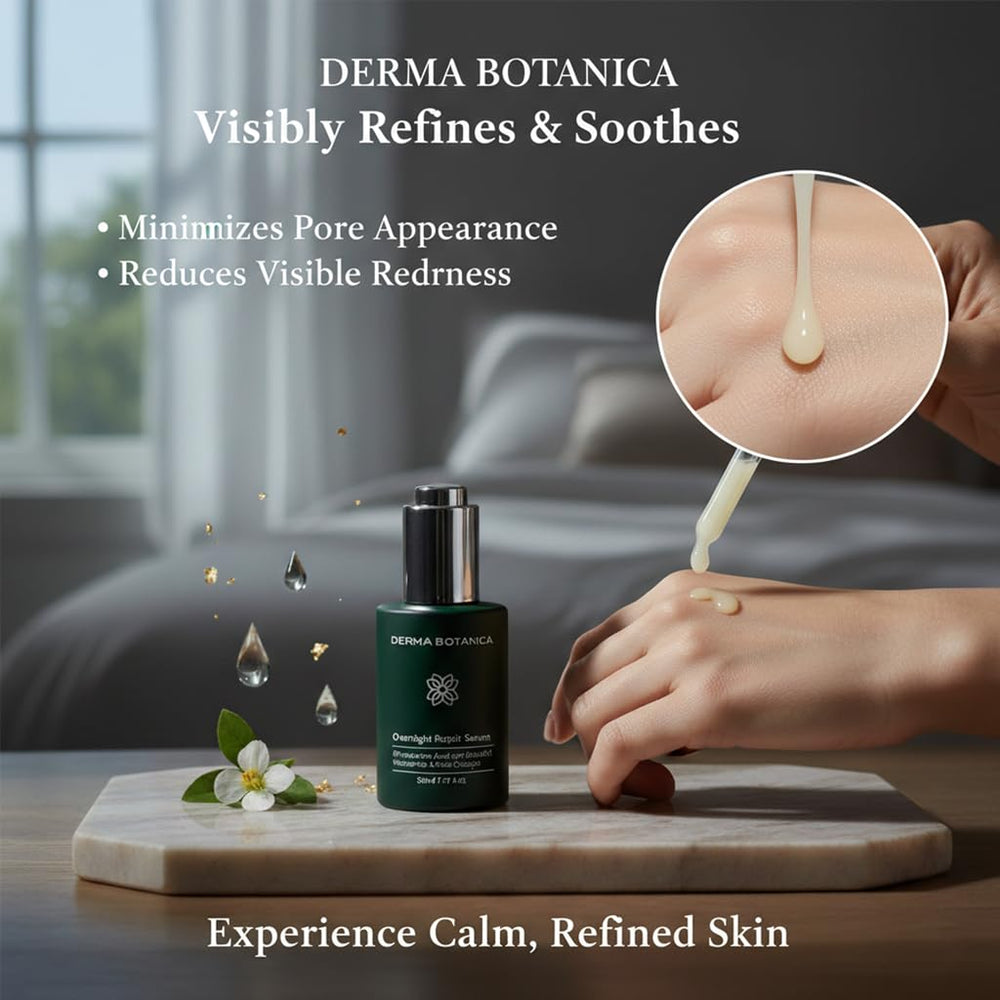 Derma Botanica Sérum Nuit, texture onctueuse en gros plan, douceur et uniformité de la peau