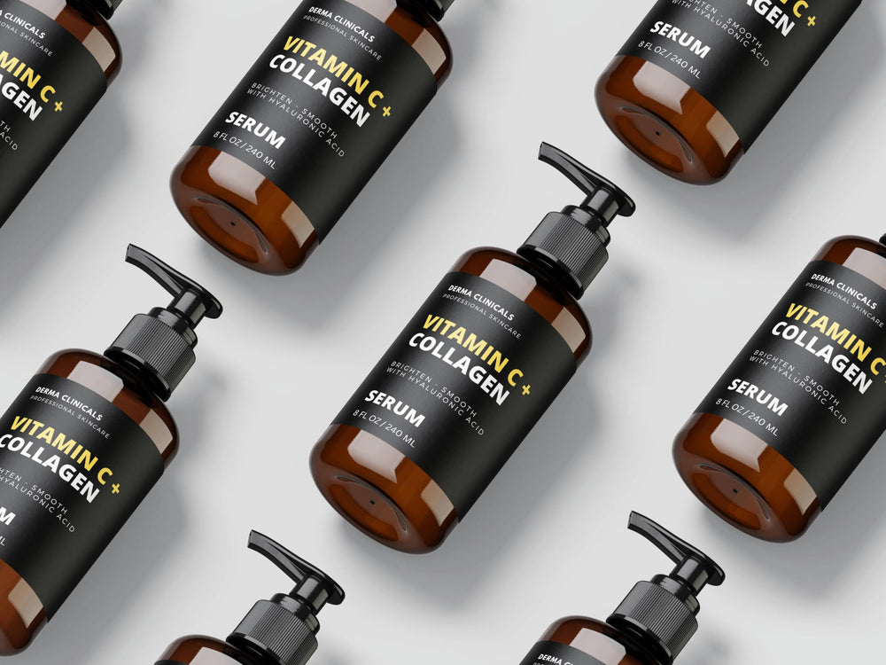 Derma Clinicals Vitamin C Serum bottle on shelf demonstrates USA-made packaging