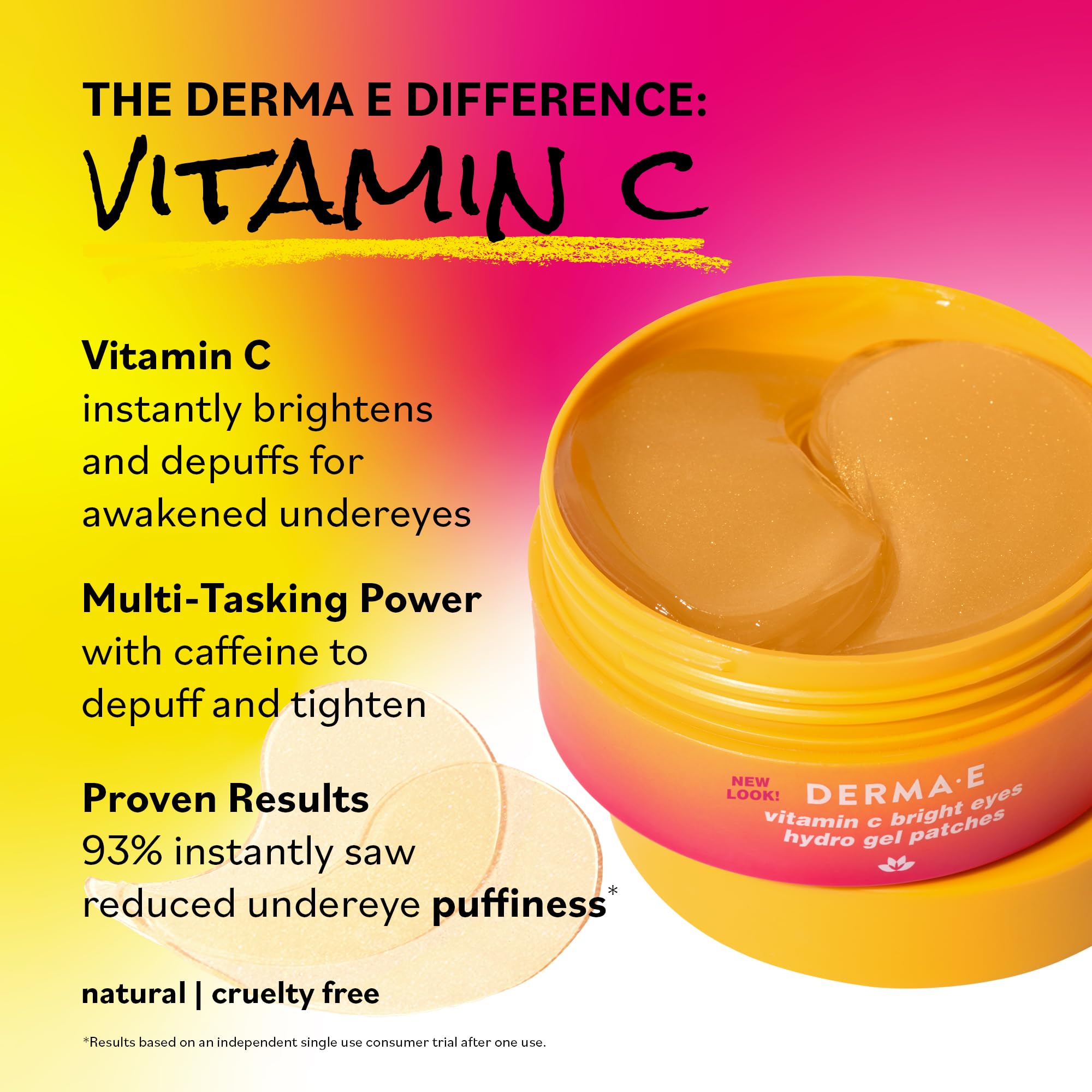 Derma E caffeinated patches on skin for subtle puff reduction.