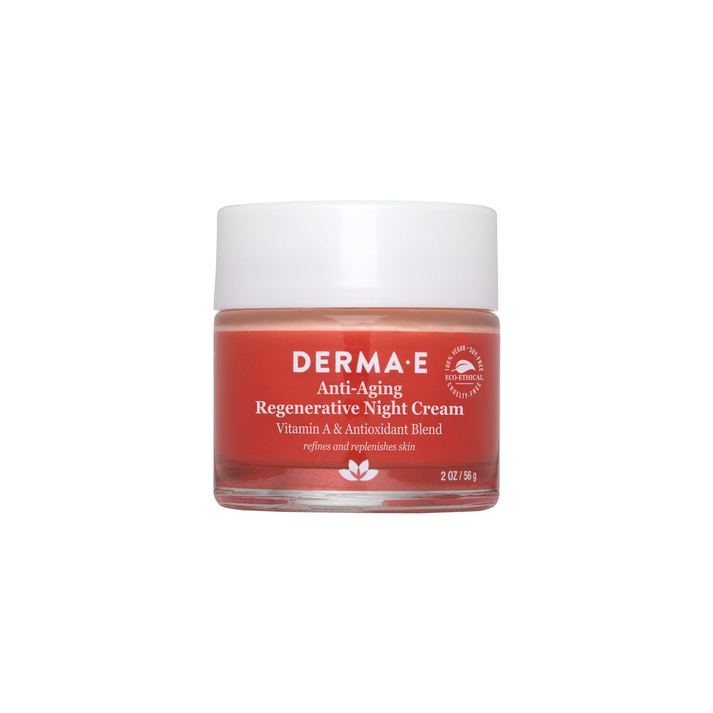 Derma E anti-aging regenerative night cream jar showing a rich overnight firming formula.