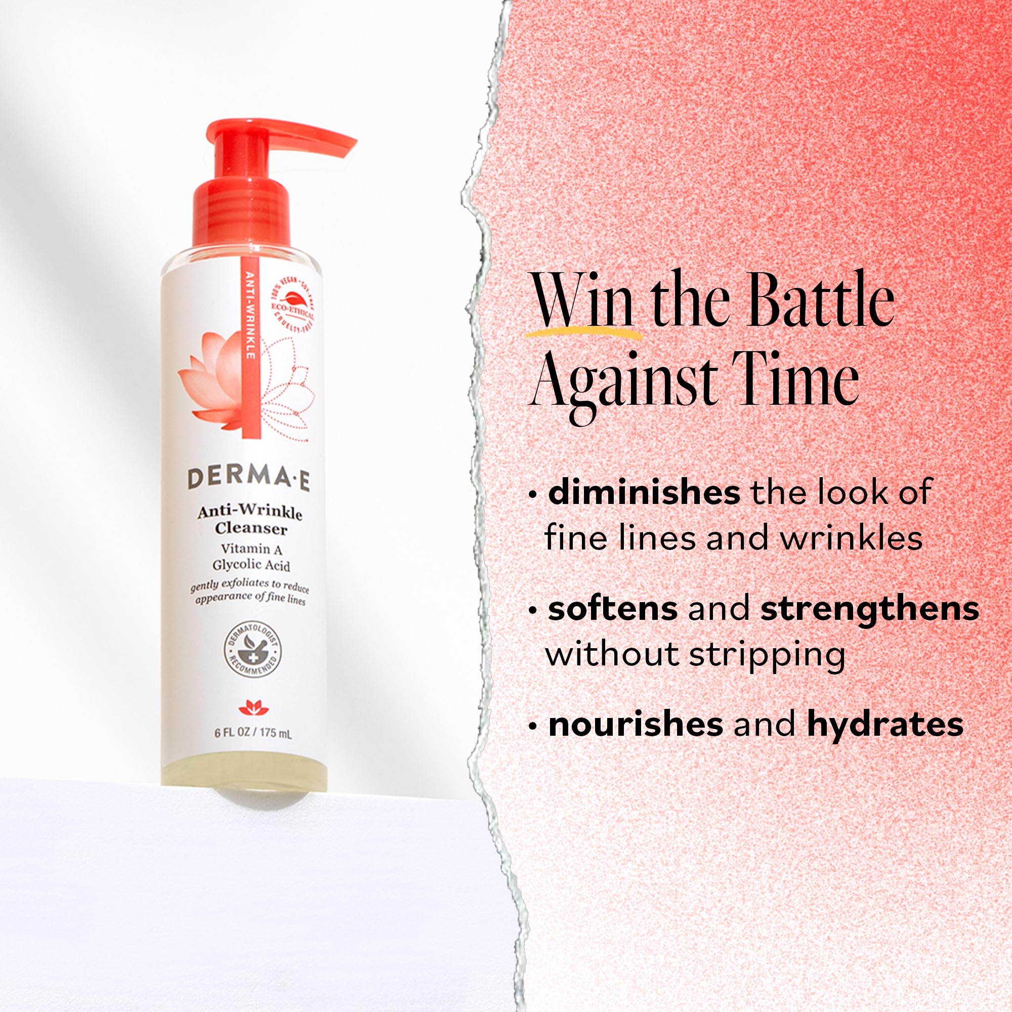 Close-up of glycolic acid benefit in Derma E formula for smoother skin.