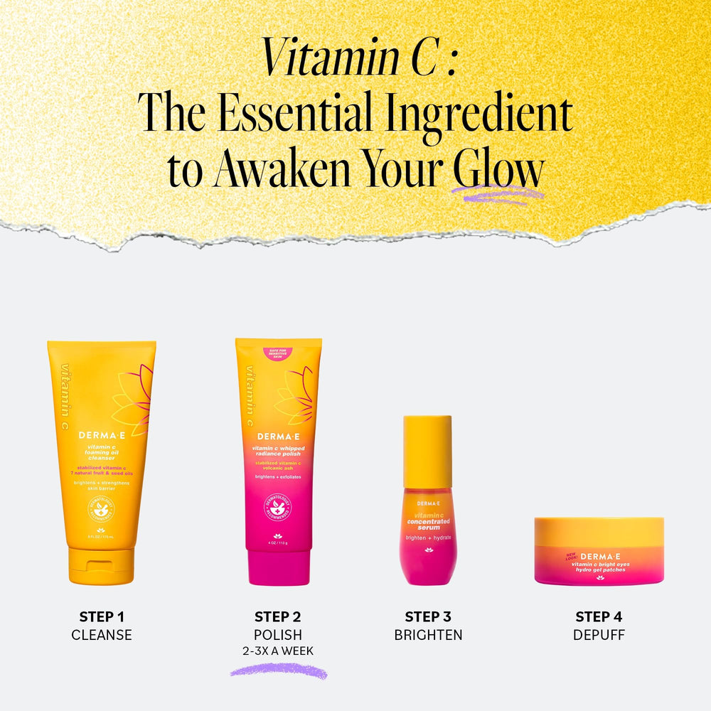 DERMA E brightening glow routine shot suggesting radiant results