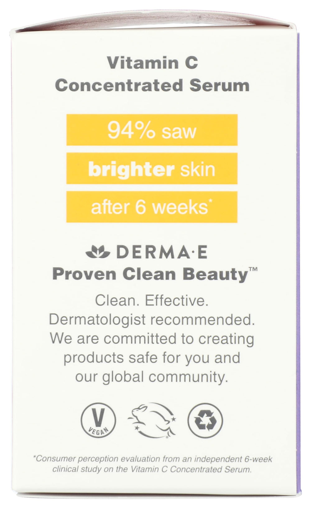 Derma E label close-up showing sustainable packaging and cruelty-free claim.