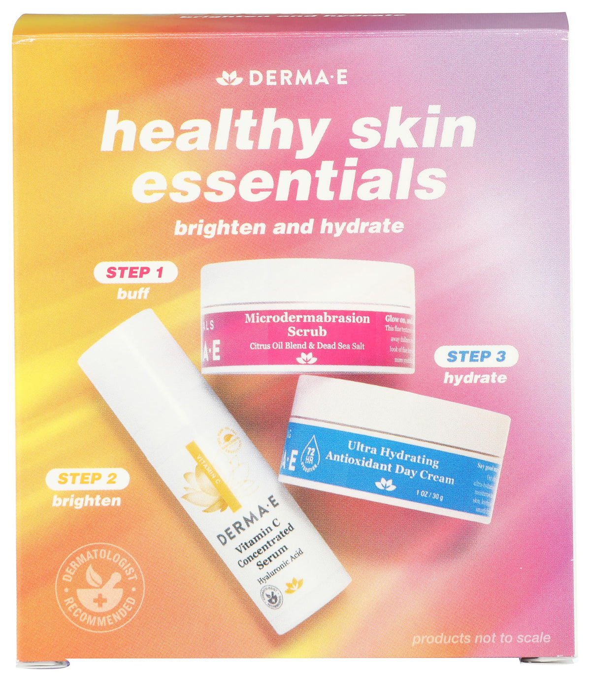 Derma E Healthy Skin Essentials Kit packaging on countertop for cruelty-free routine.