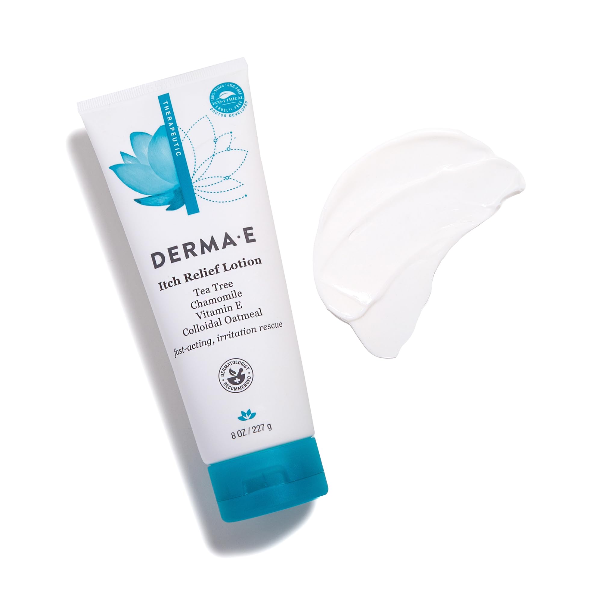 Derma E Itch Relief Lotion packaging on shelf with recyclable branding.