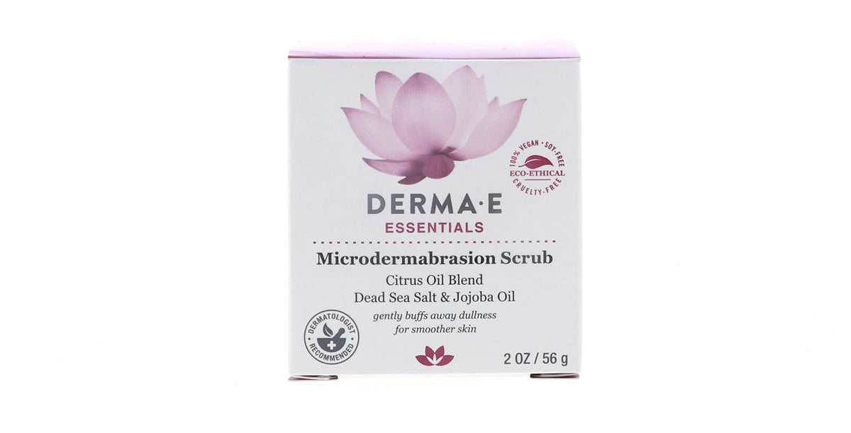 Derma E Microdermabrasion Scrub bottle with Dead Sea salt for gentle exfoliation.