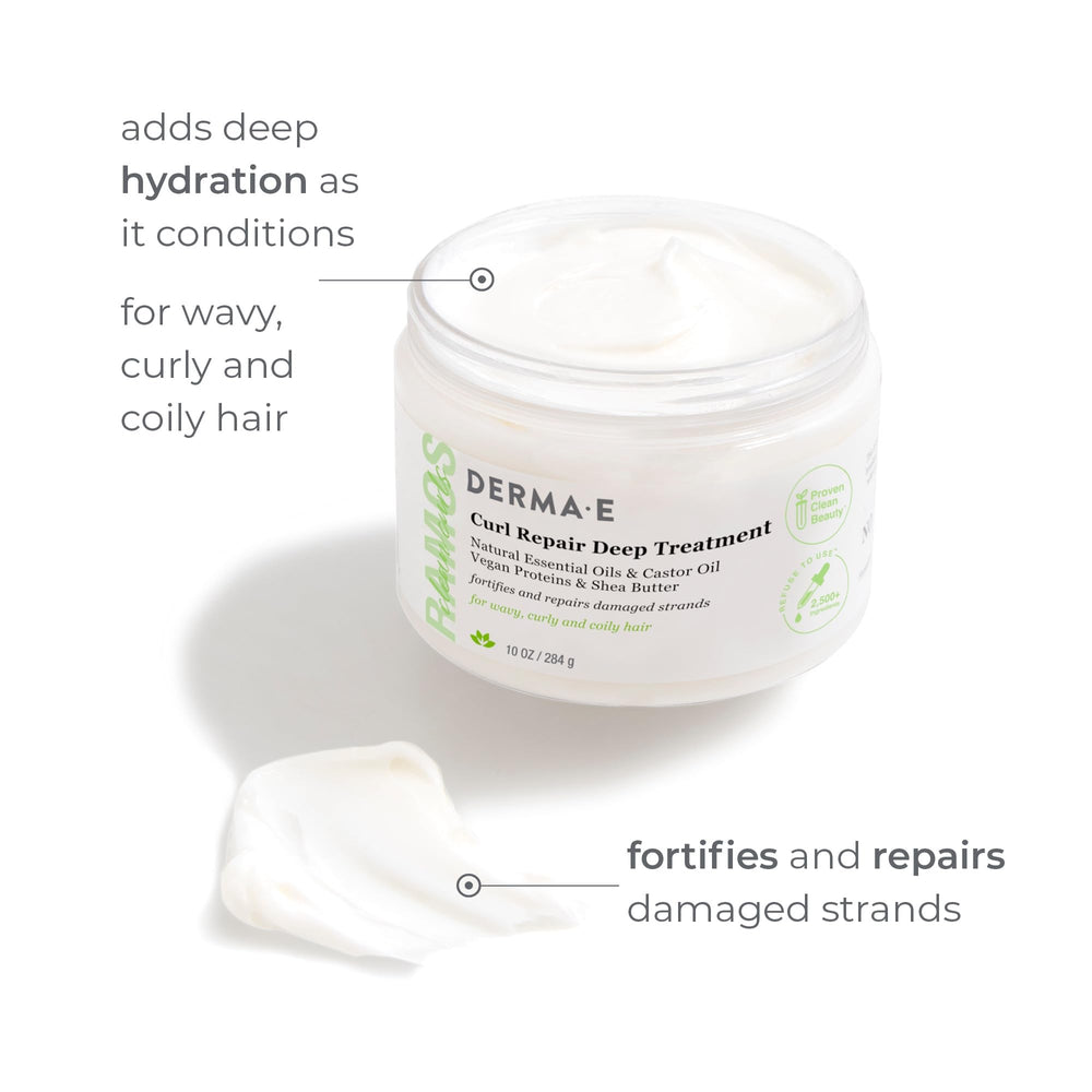 Derma E Ramos Curl Repair Deep Treatment jar close-up reveals rich conditioning texture for curls