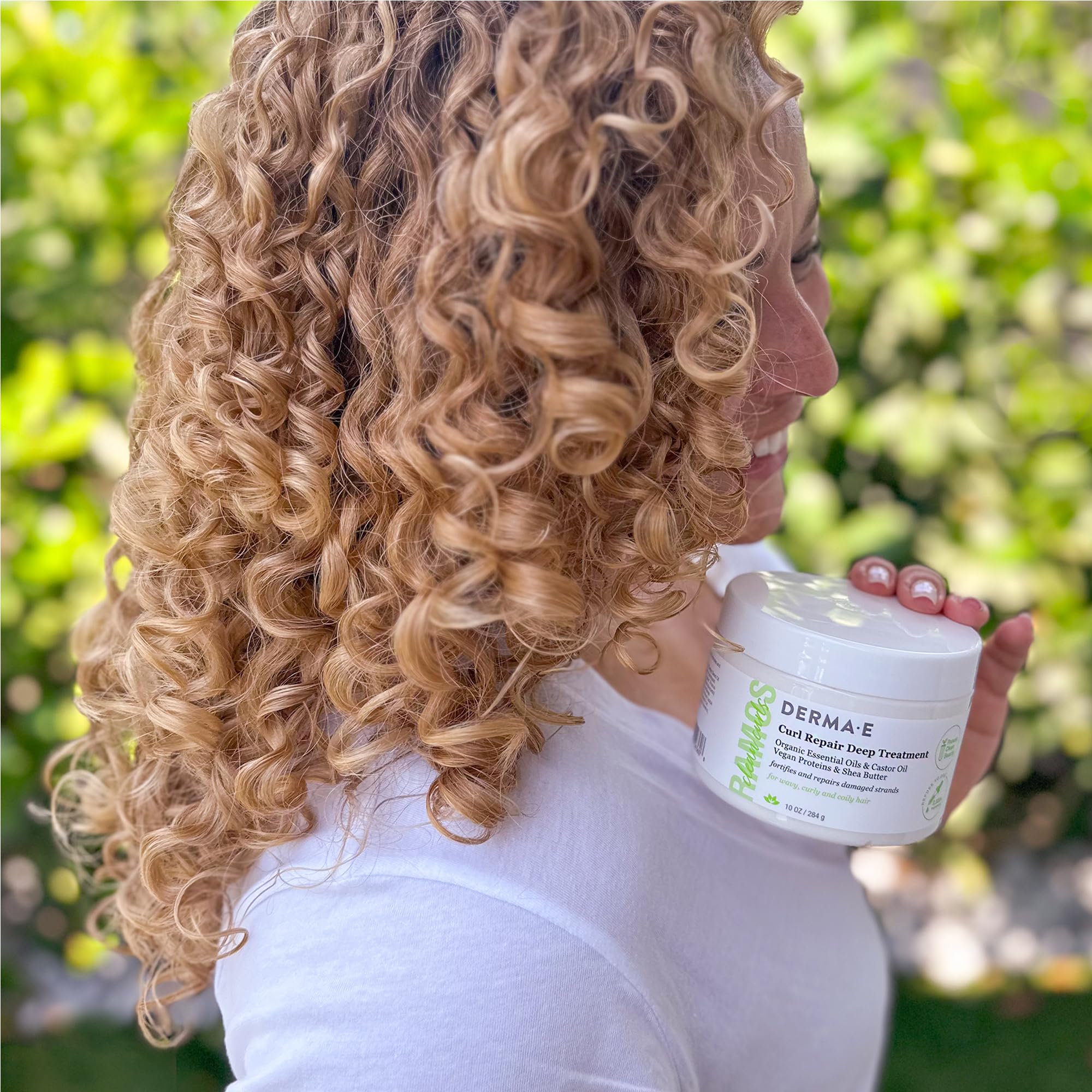 Derma E Ramos Curl Repair Deep Treatment close-up texture on curly hair for added manageability