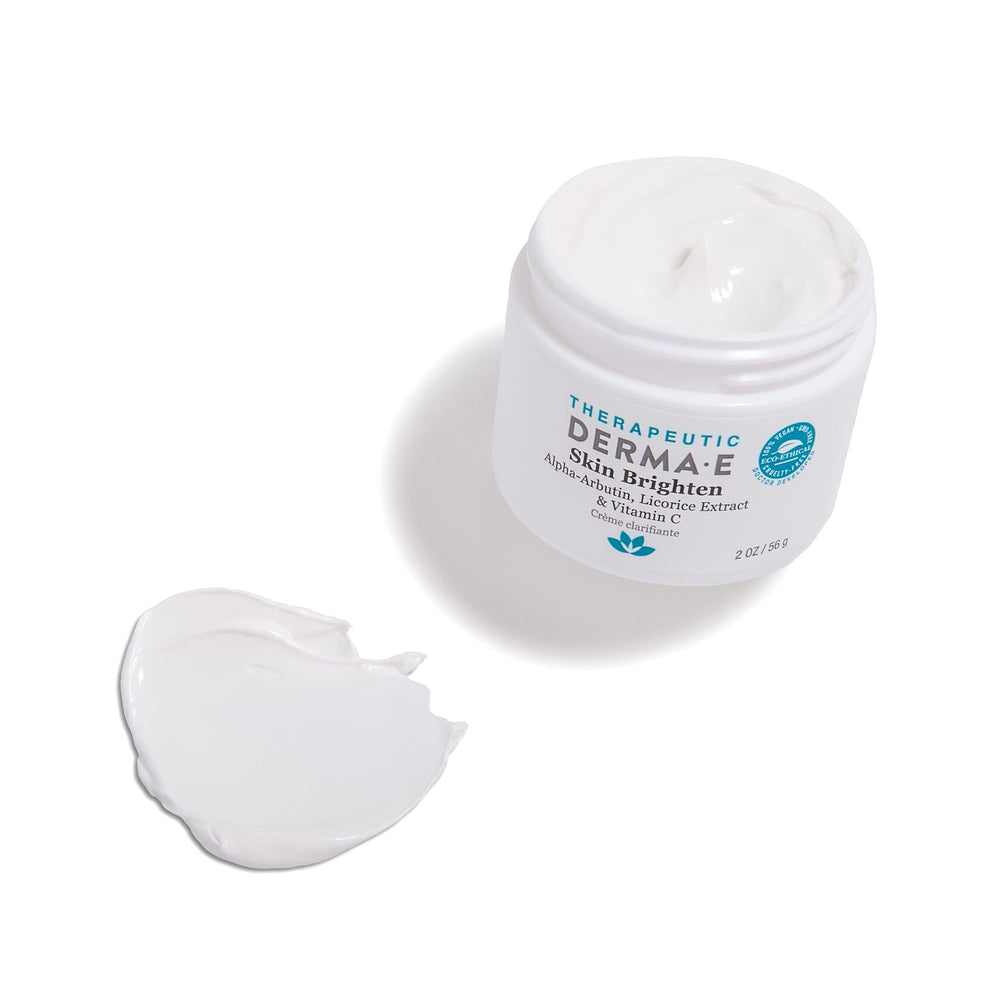 Derma E Brightening Cream applied to face for even tone and gentle care.