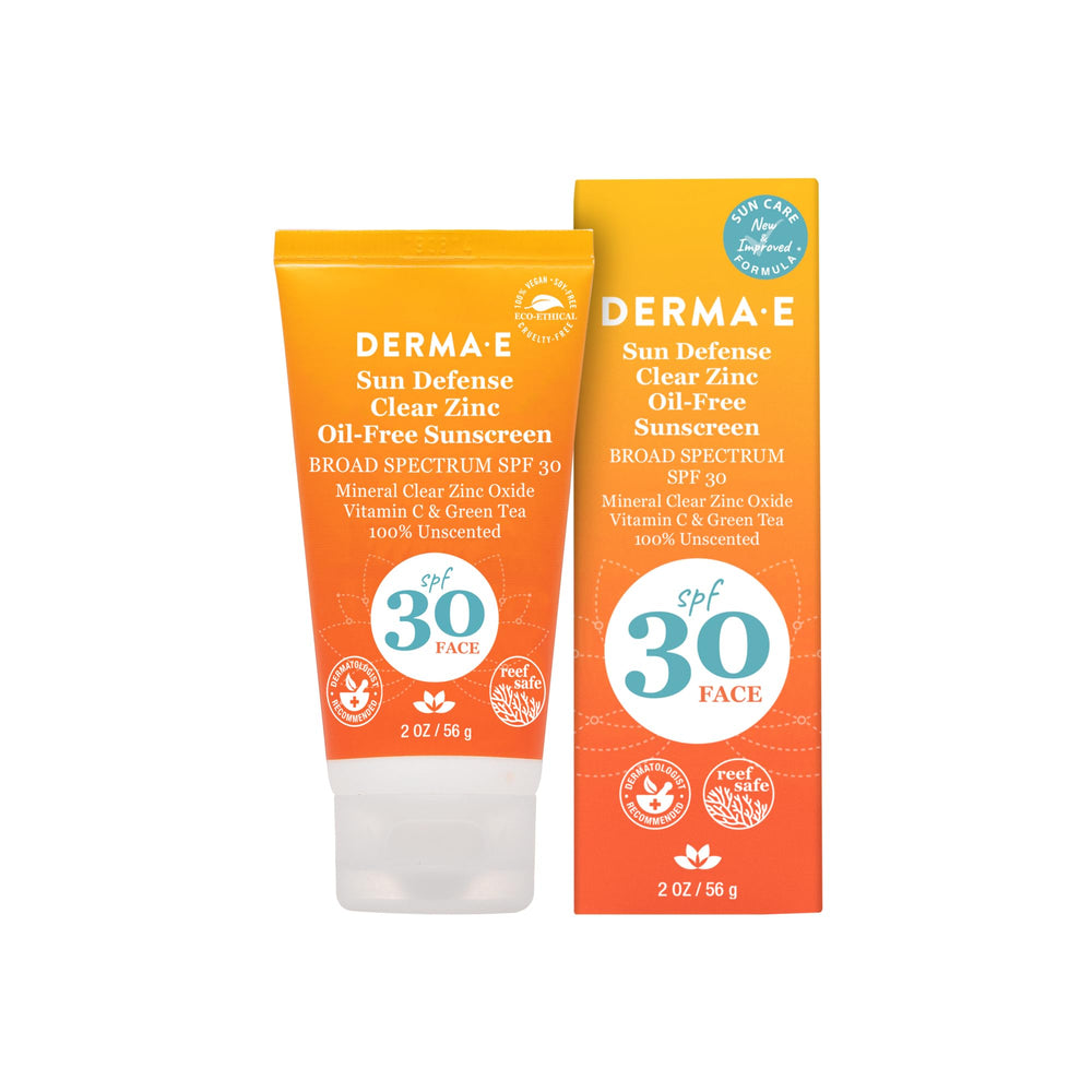 Derma E Sun Defense bottle shows oil-free SPF 30 protection.