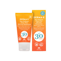 Derma E Sun Defense bottle shows oil-free SPF 30 protection.