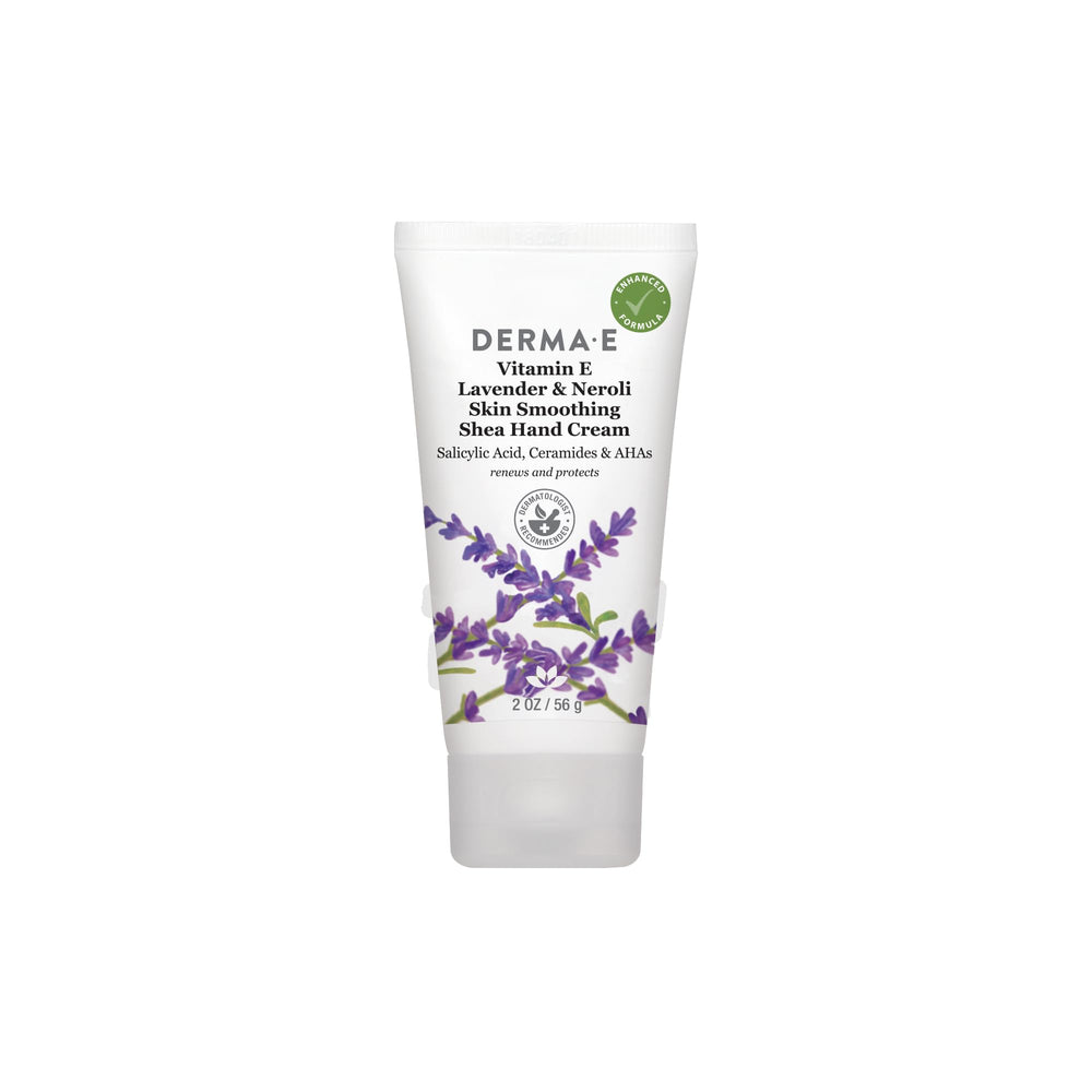 Derma E hand cream bottle pump shows lavender and neroli formula for easy moisturization.