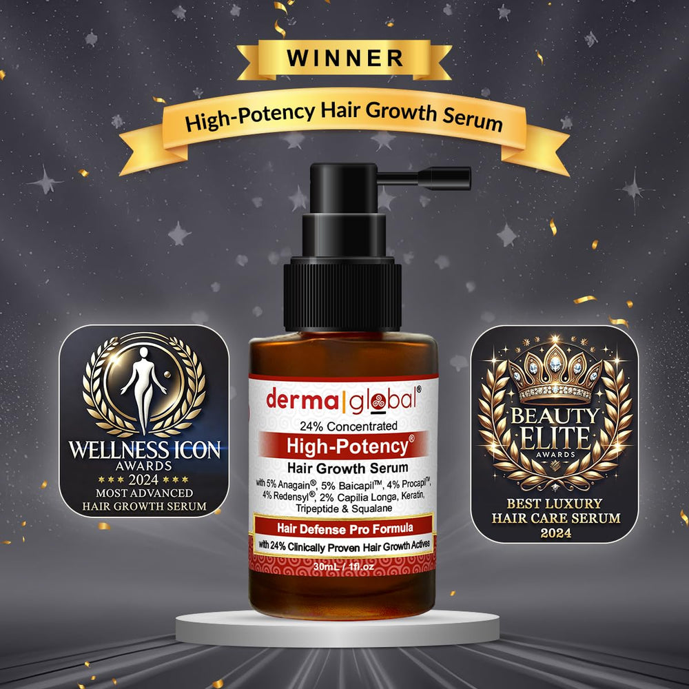Derma Global Hair Growth Serum dropper releasing product for targeted scalp application