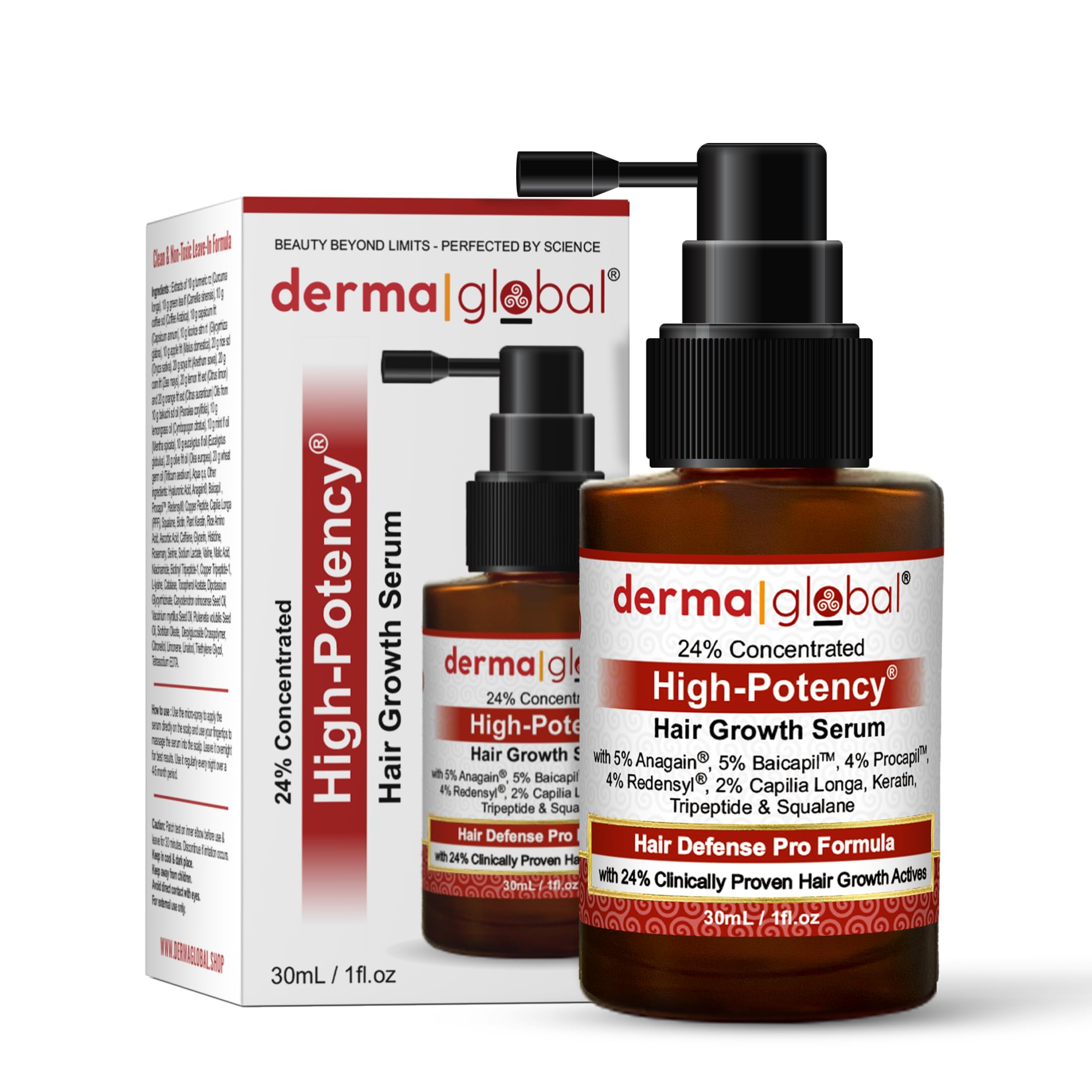 Derma Global High Potency Hair Growth Serum bottle on display for fuller-looking hair