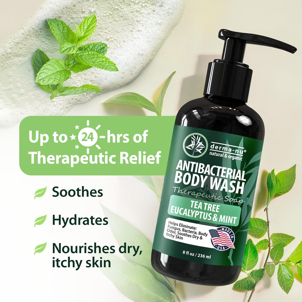 Derma-Nu antibacterial body wash bottle pump-dispense for easy application after workouts.