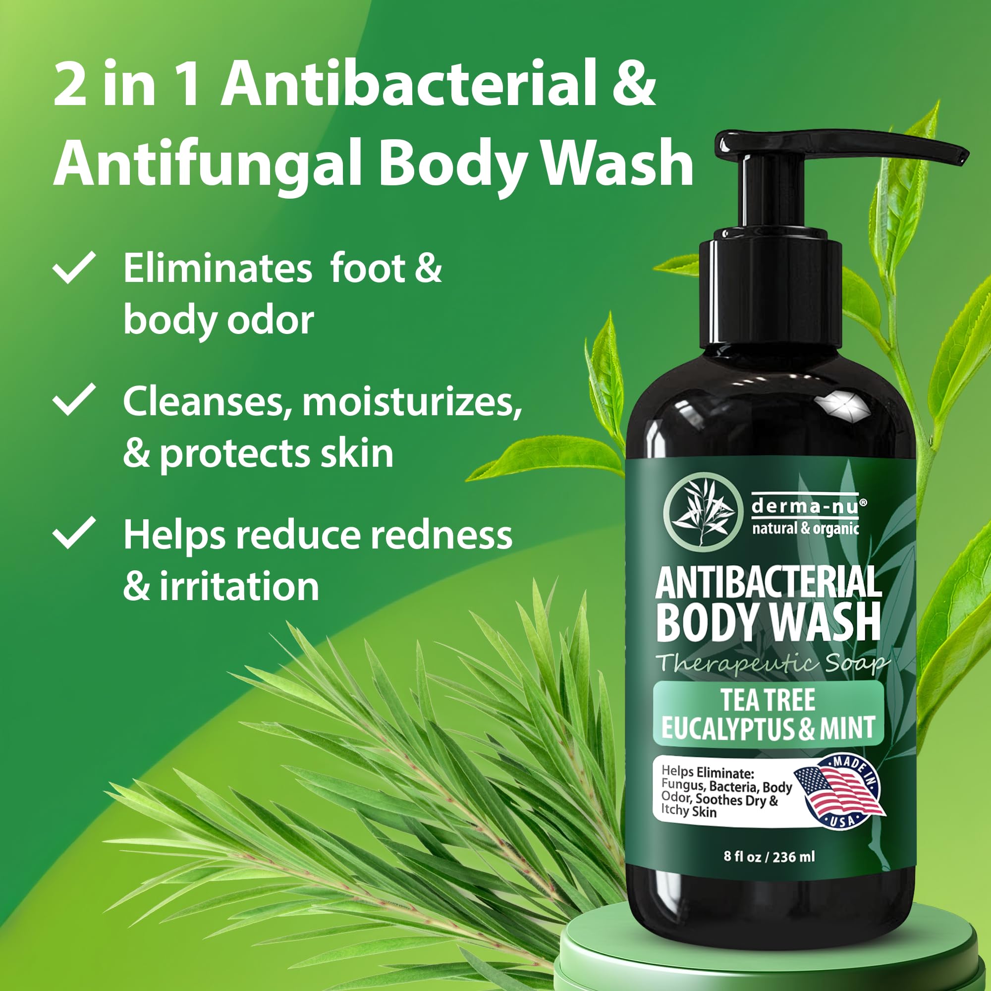 Derma-Nu antibacterial body wash lather on skin demonstrates rich foaming cleansing.