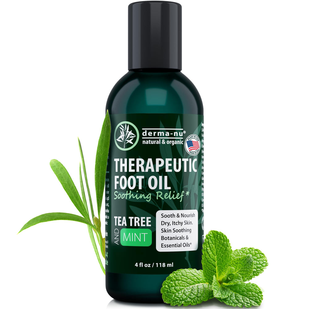 Derma-Nu Foot and Body Oil bottle close-up highlighting hydrating tea tree oil