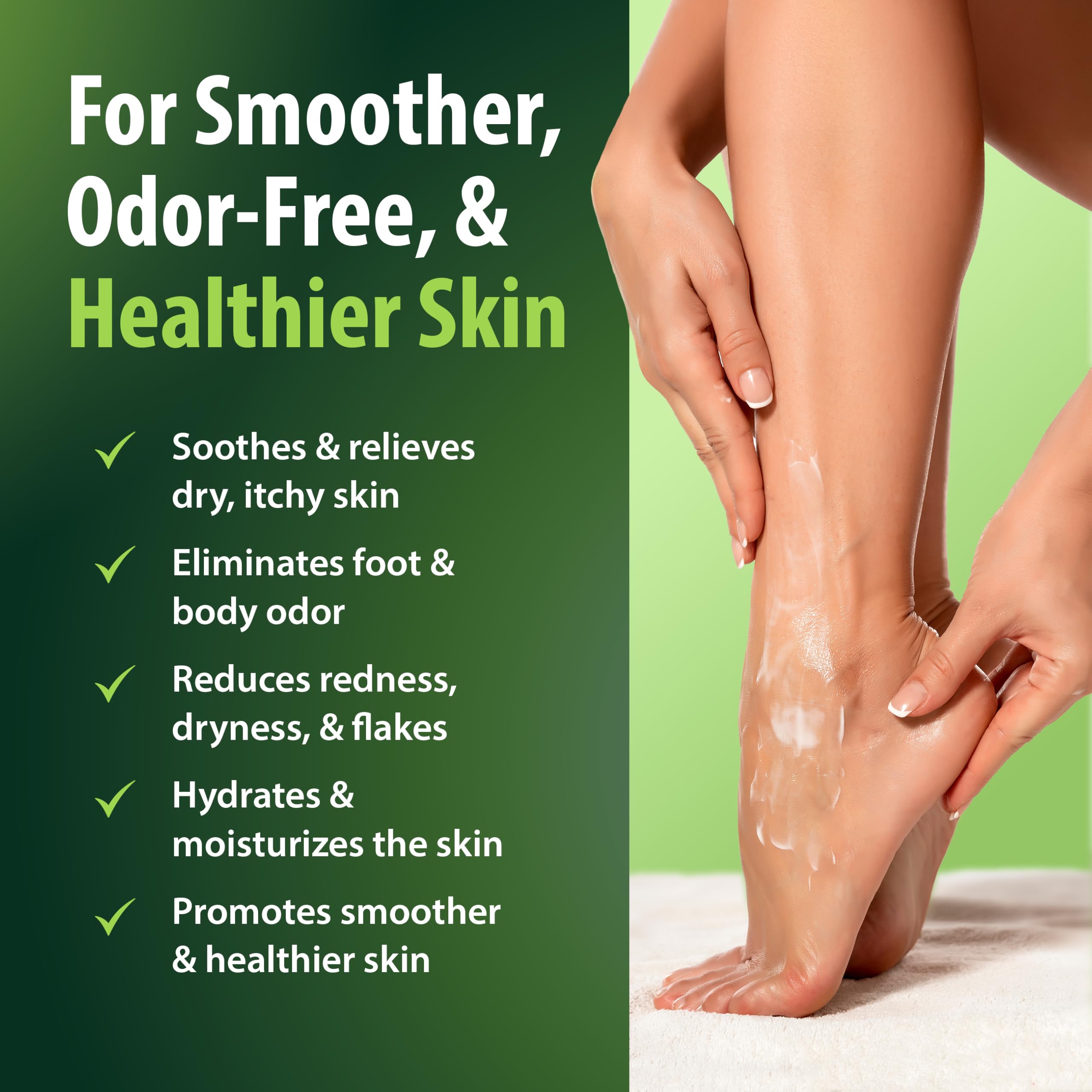 Application hands image demonstrates easy daily use for feet and skin.
