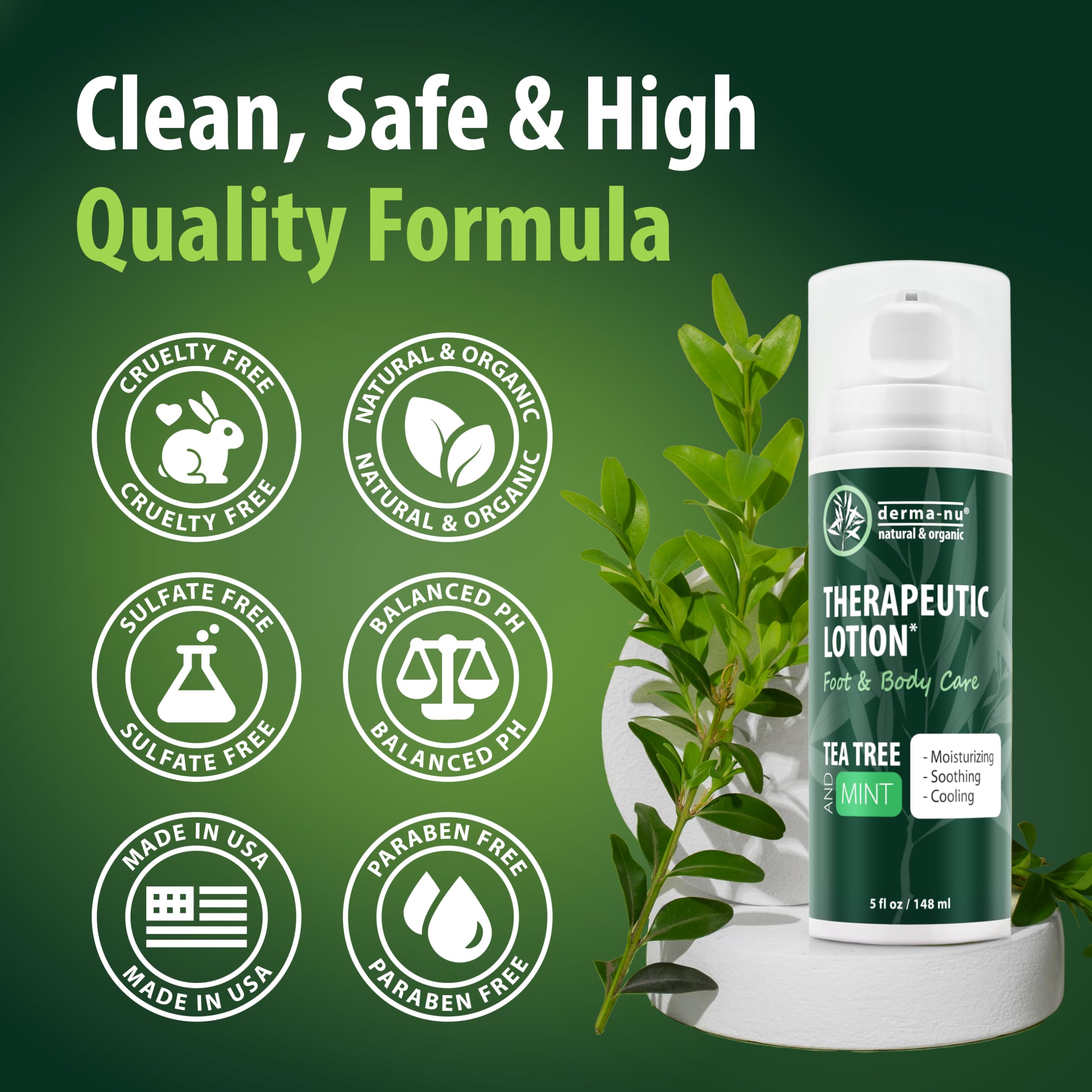 Tea tree oil blend graphic emphasizes soothing, refreshing performance.