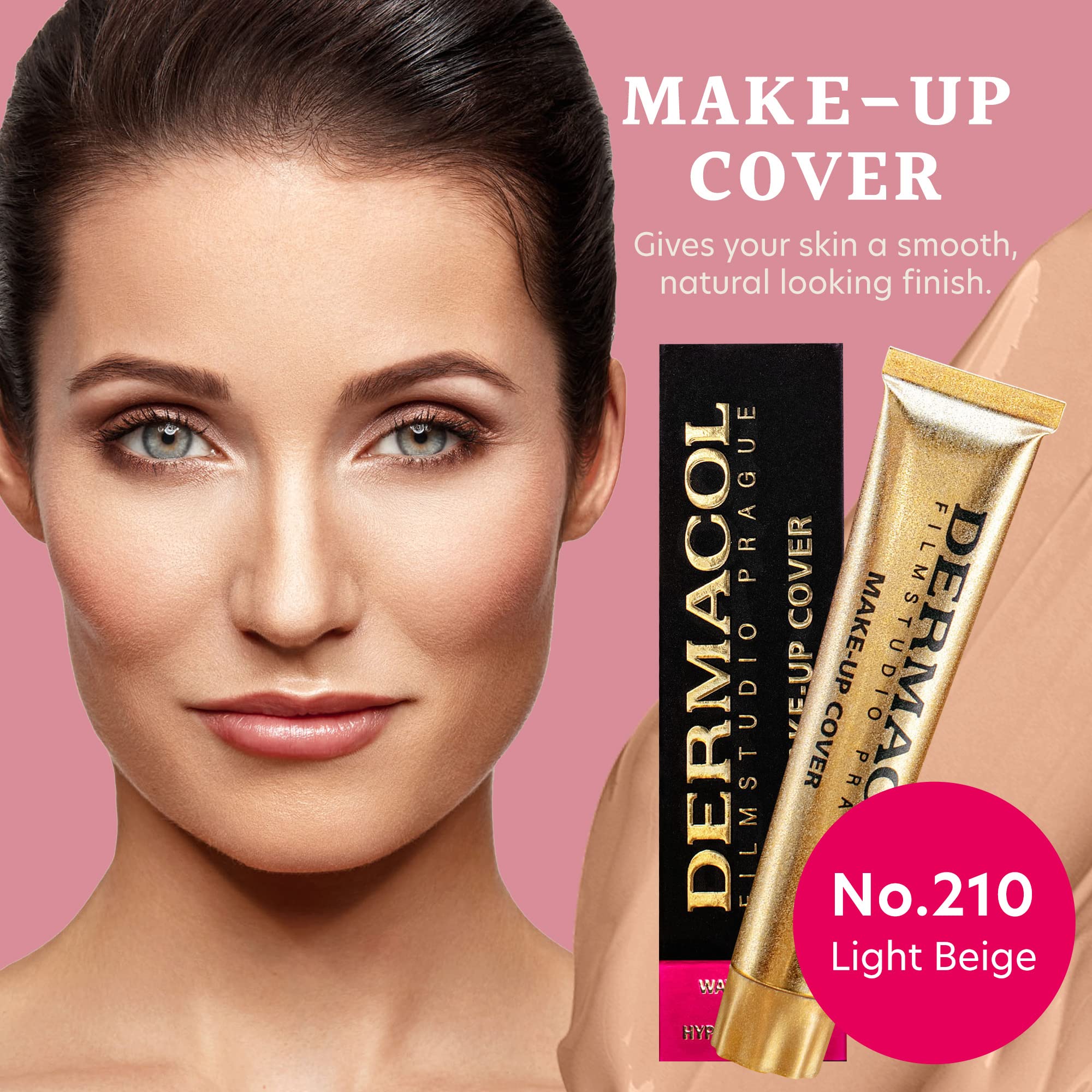Dermacol liquid foundation pump dispenser enabling precise, mess-free application.