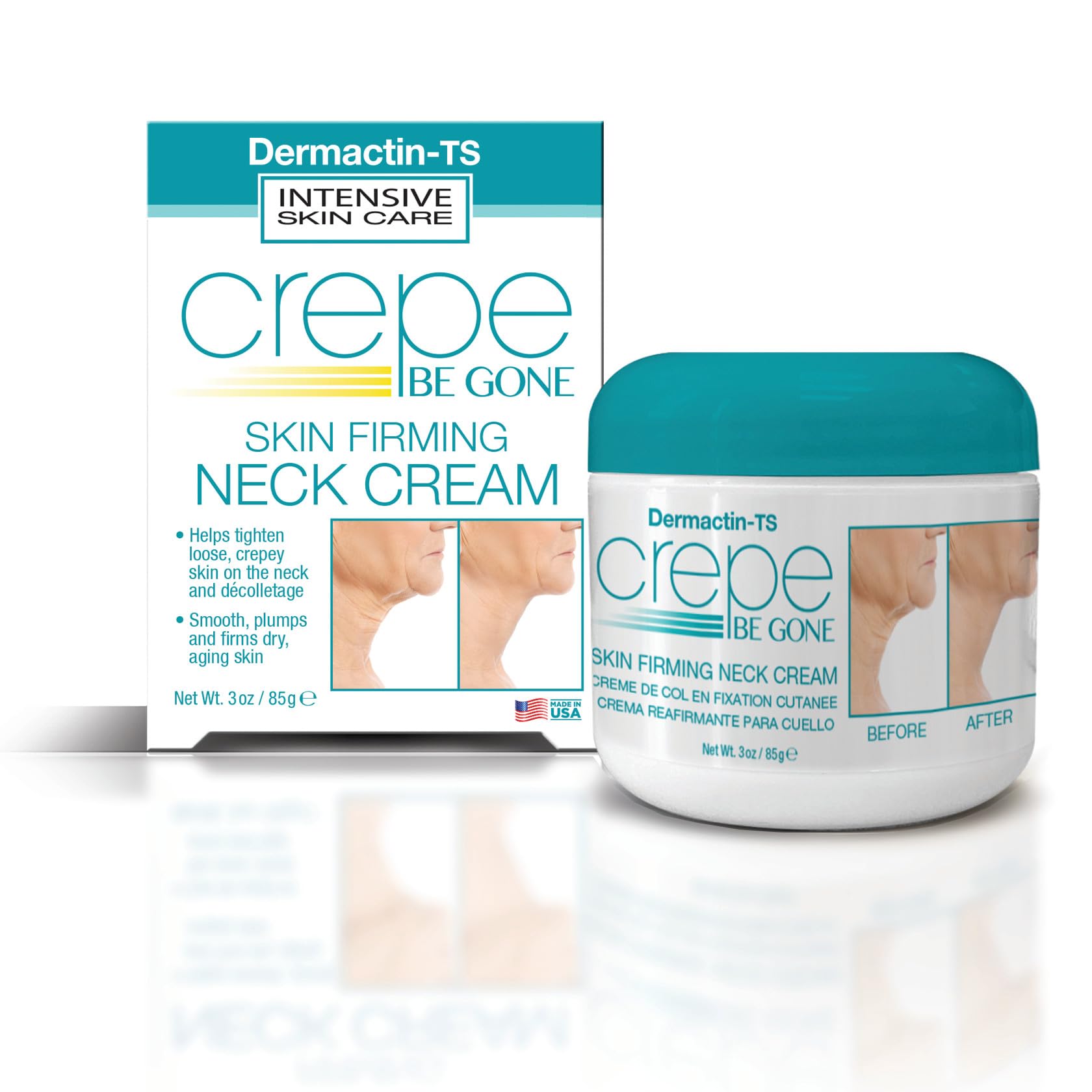 Dermactin Crepe Be Gone neck cream jar delivering deep hydration for smoother neck skin.