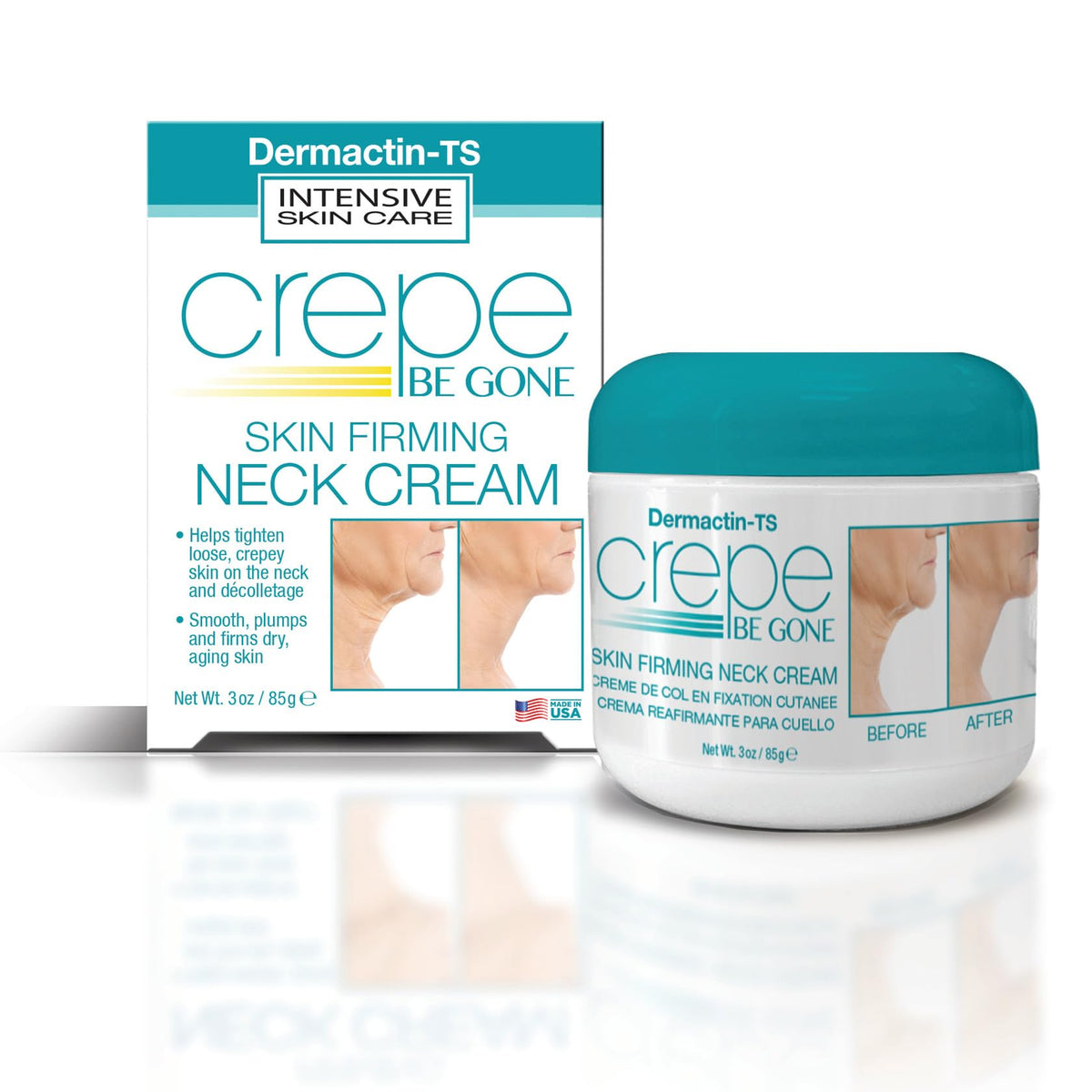 Dermactin Crepe Be Gone neck cream jar delivering deep hydration for smoother neck skin.
