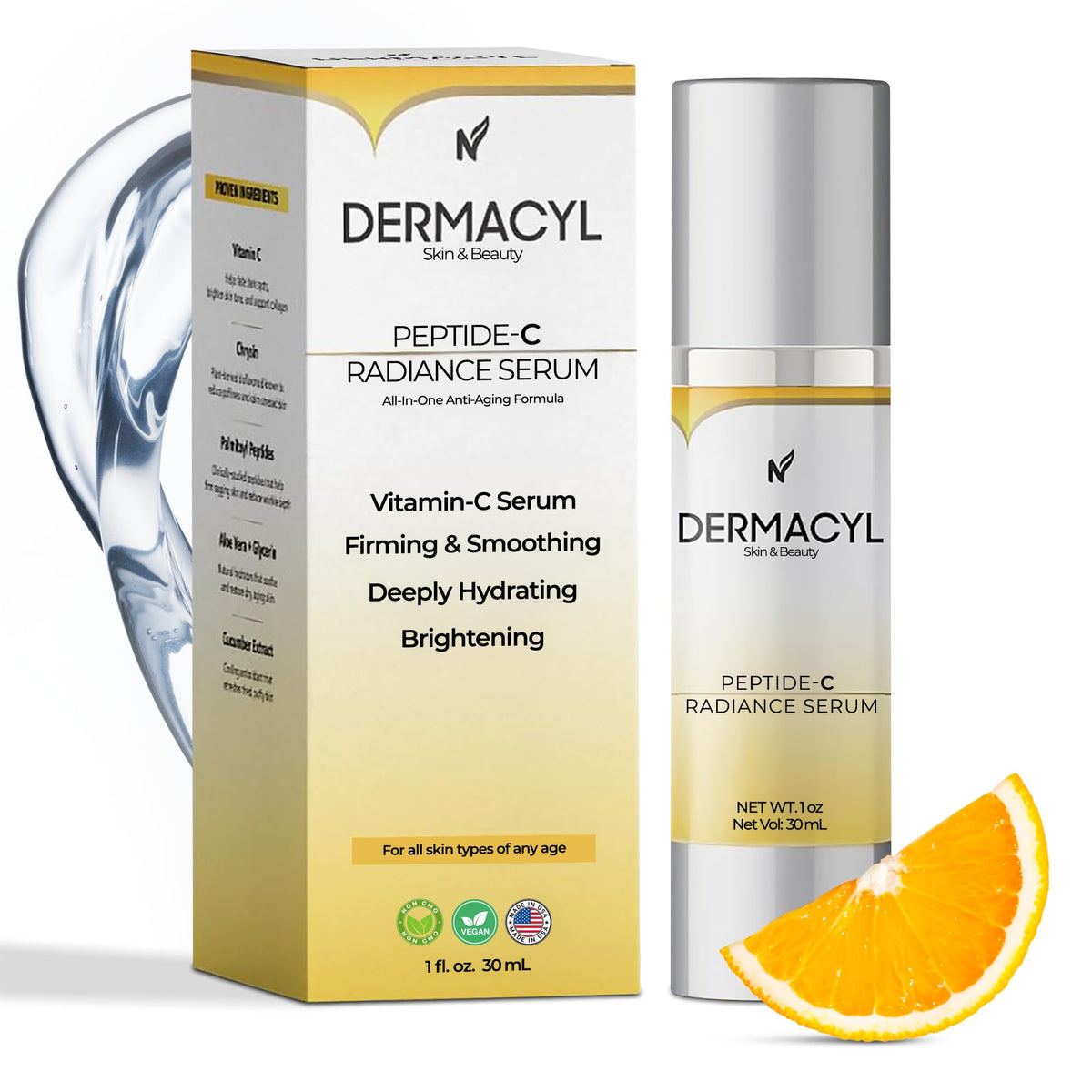Dermacyl Peptide-C Radiance Serum bottle shows sleek design for radiant skin