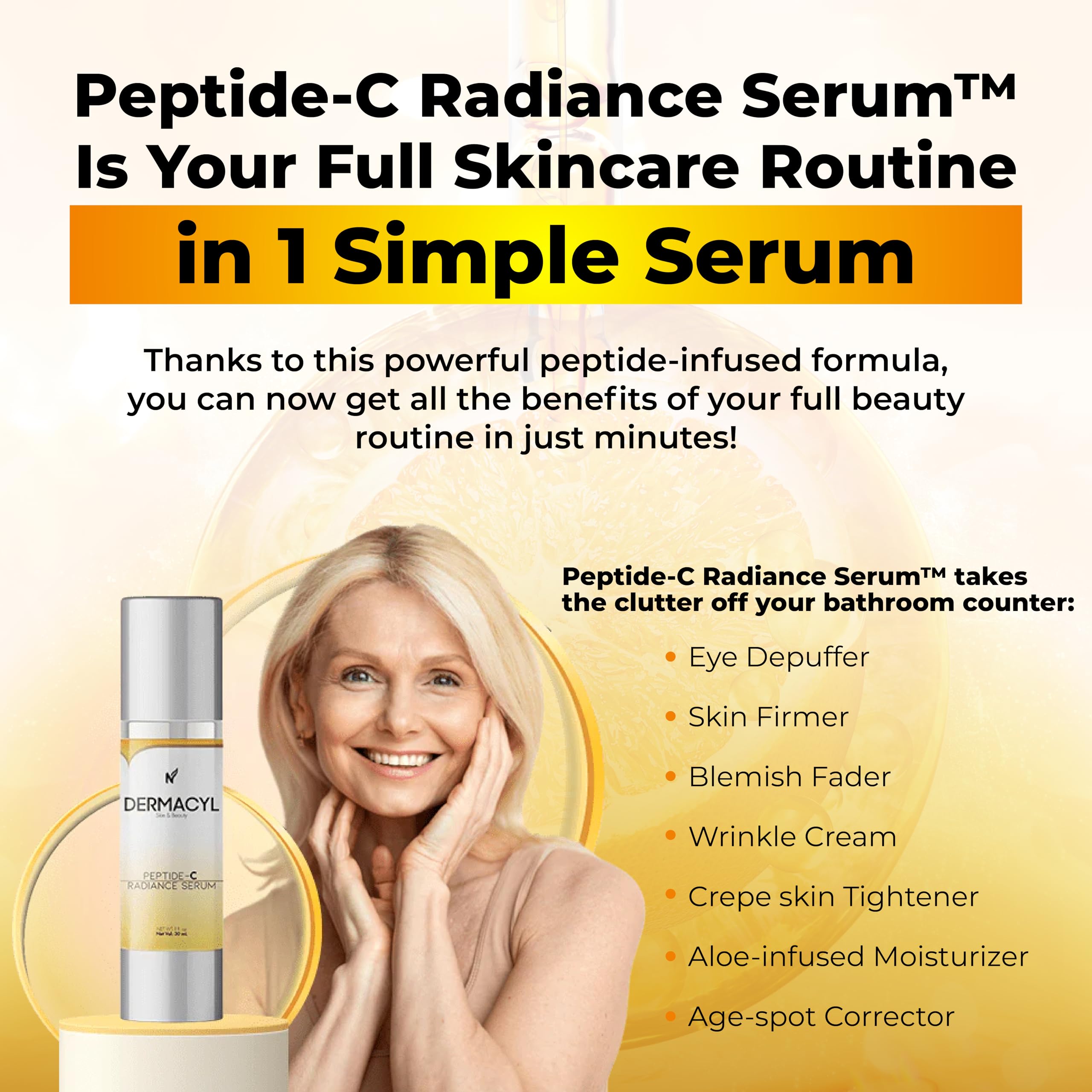 Dermacyl Peptide-C Radiance Serum dropper delivers precise dose for brightening