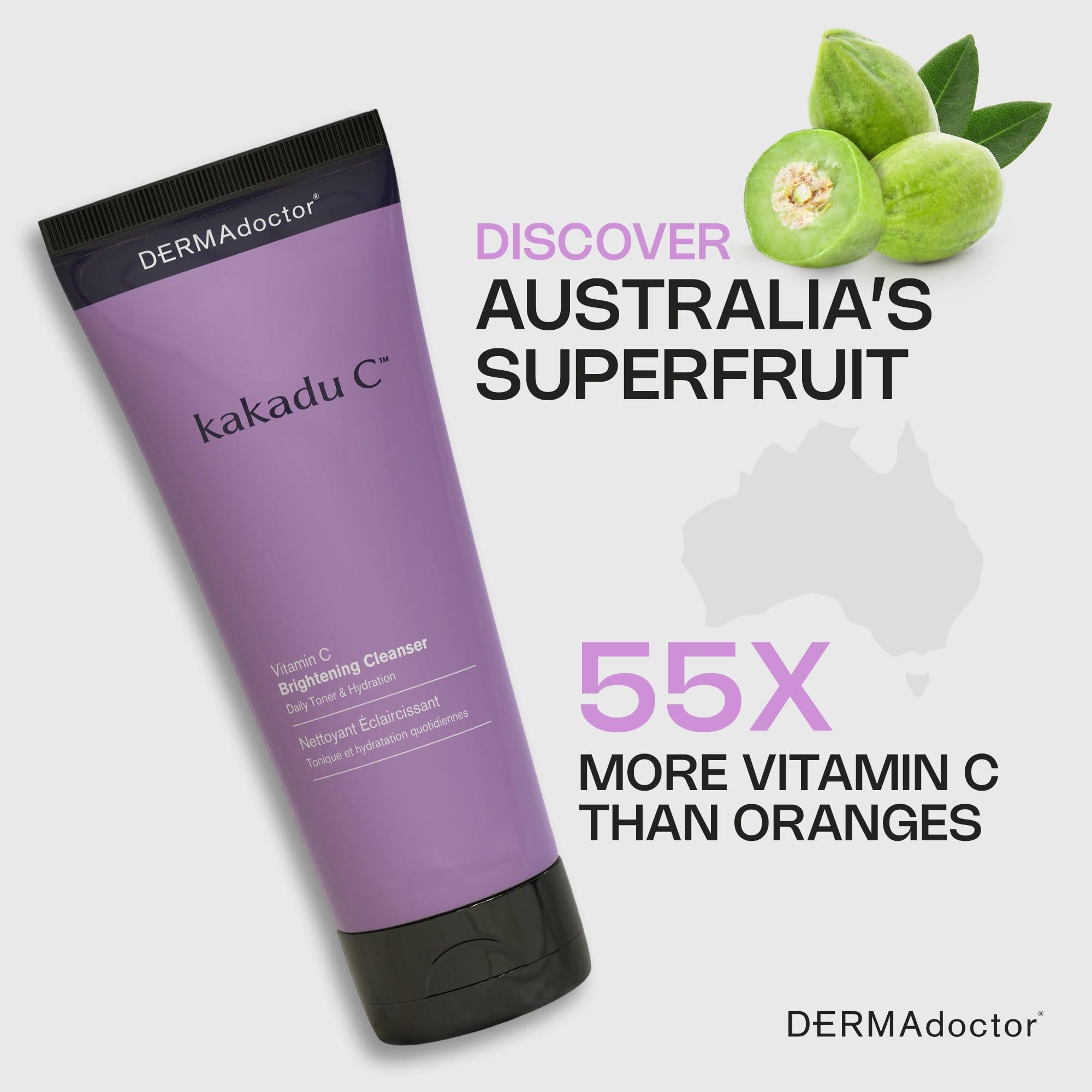 DERMAdoctor Kakadu C serum bottle close-up highlighting brightening and lightweight texture.
