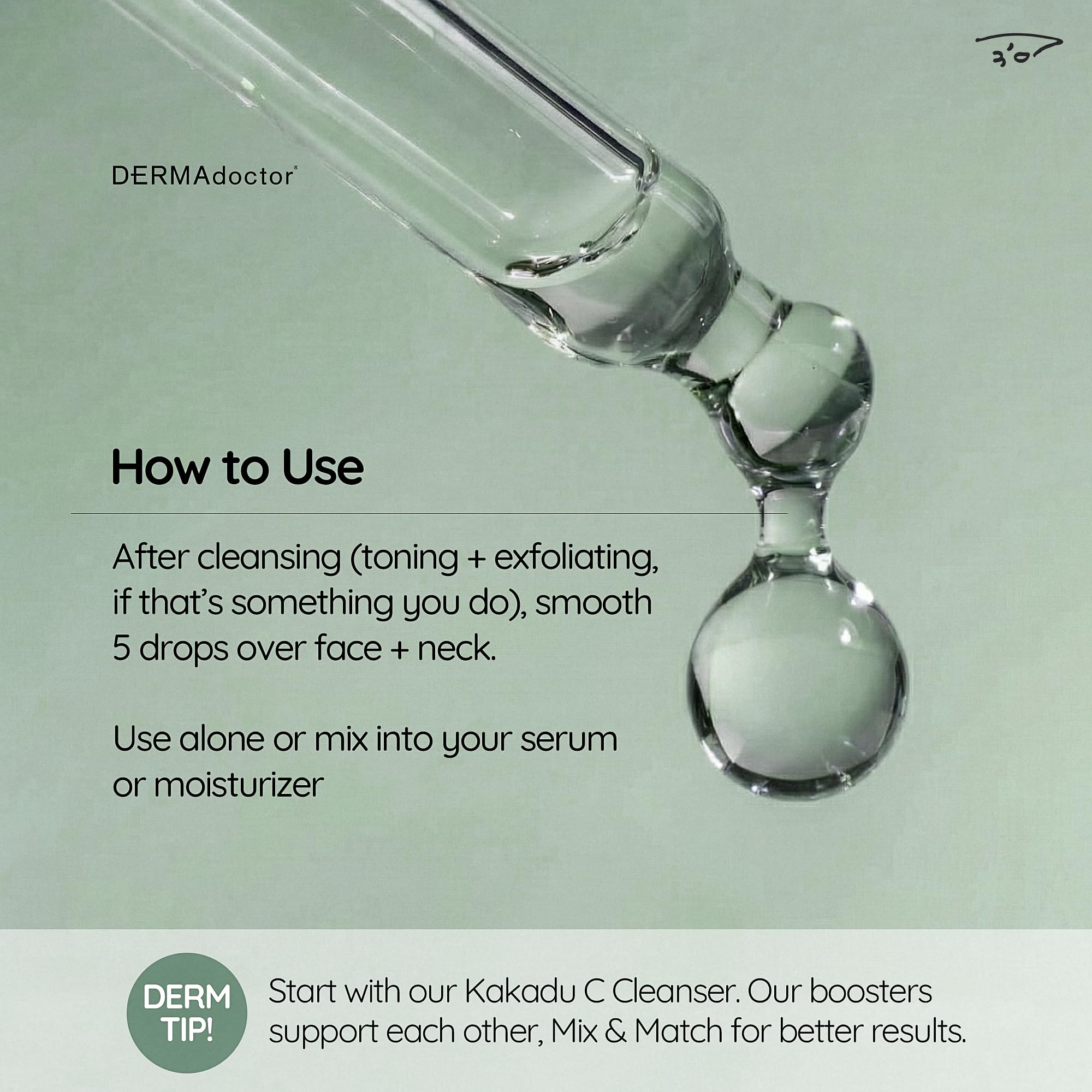 DERMAdoctor Kakadu C serum pump close-up showing silky, easy-to-dispense formula.