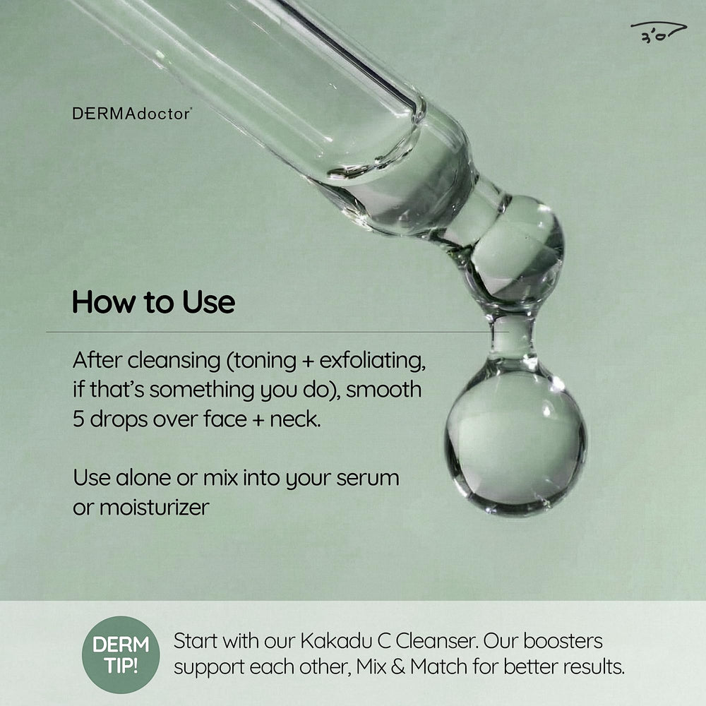 DERMAdoctor Kakadu C serum pump close-up showing silky, easy-to-dispense formula.
