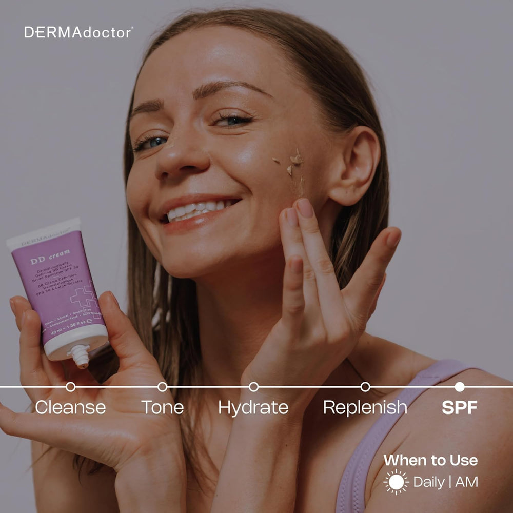 DERMAdoctor lightweight moisturizer application shows sheer coverage.