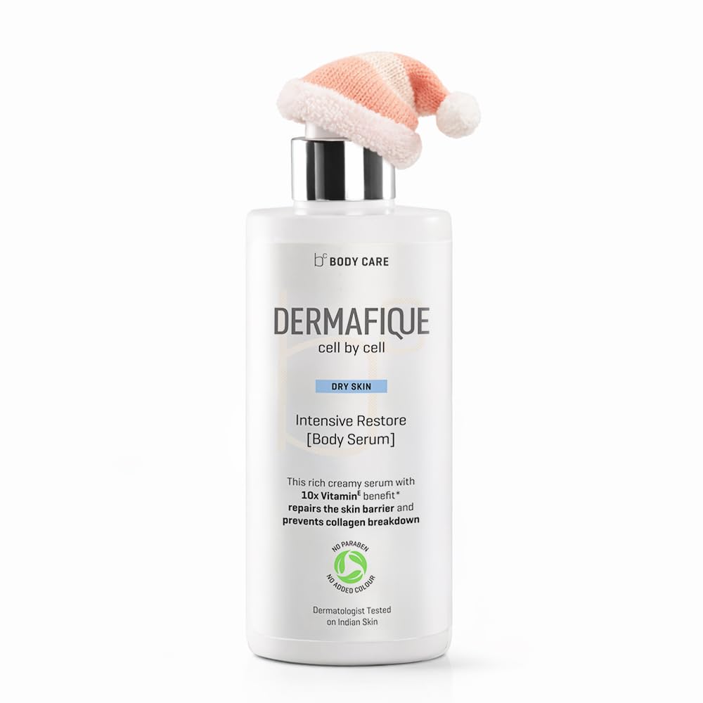 Dermafique Intensive Restore Body Serum bottle delivering rich moisture for dry skin.