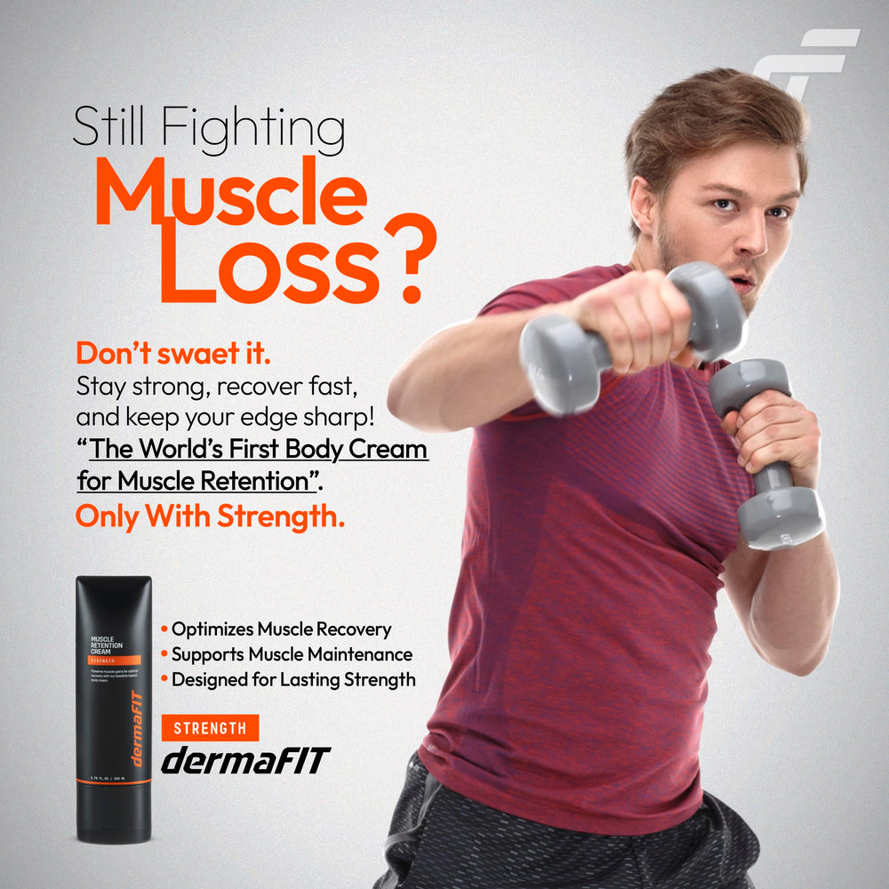 dermaFIT Strength Muscle Maintenance Cream tub closeup highlights vegan formula and smooth texture.