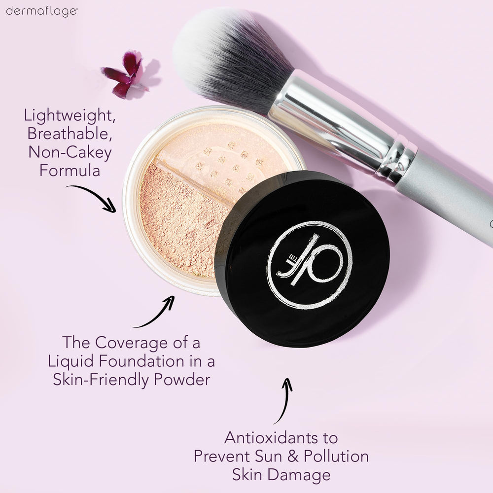 Dermaflage Face powder brush application demonstrates seamless blend and buildable coverage.