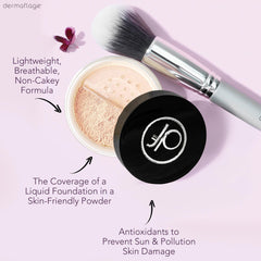 Dermaflage Face powder brush application demonstrates seamless blend and buildable coverage.