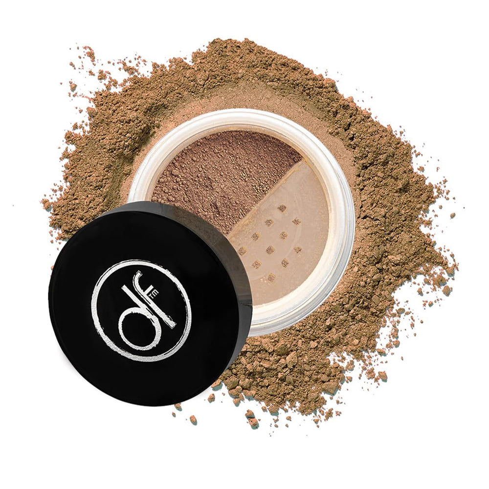 Dermaflage Mineral Powder Foundation in dark packaging closeup showing fragrance-free formula.