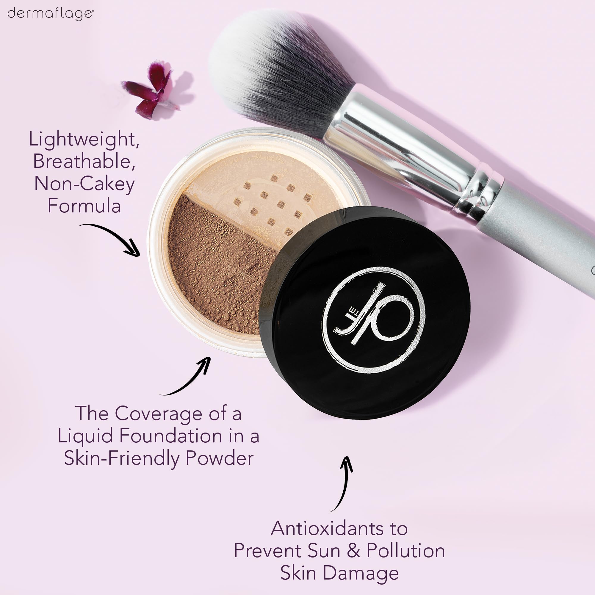 Swirl of Dermaflage Mineral Powder Foundation in dark shade for lightweight, buildable coverage.