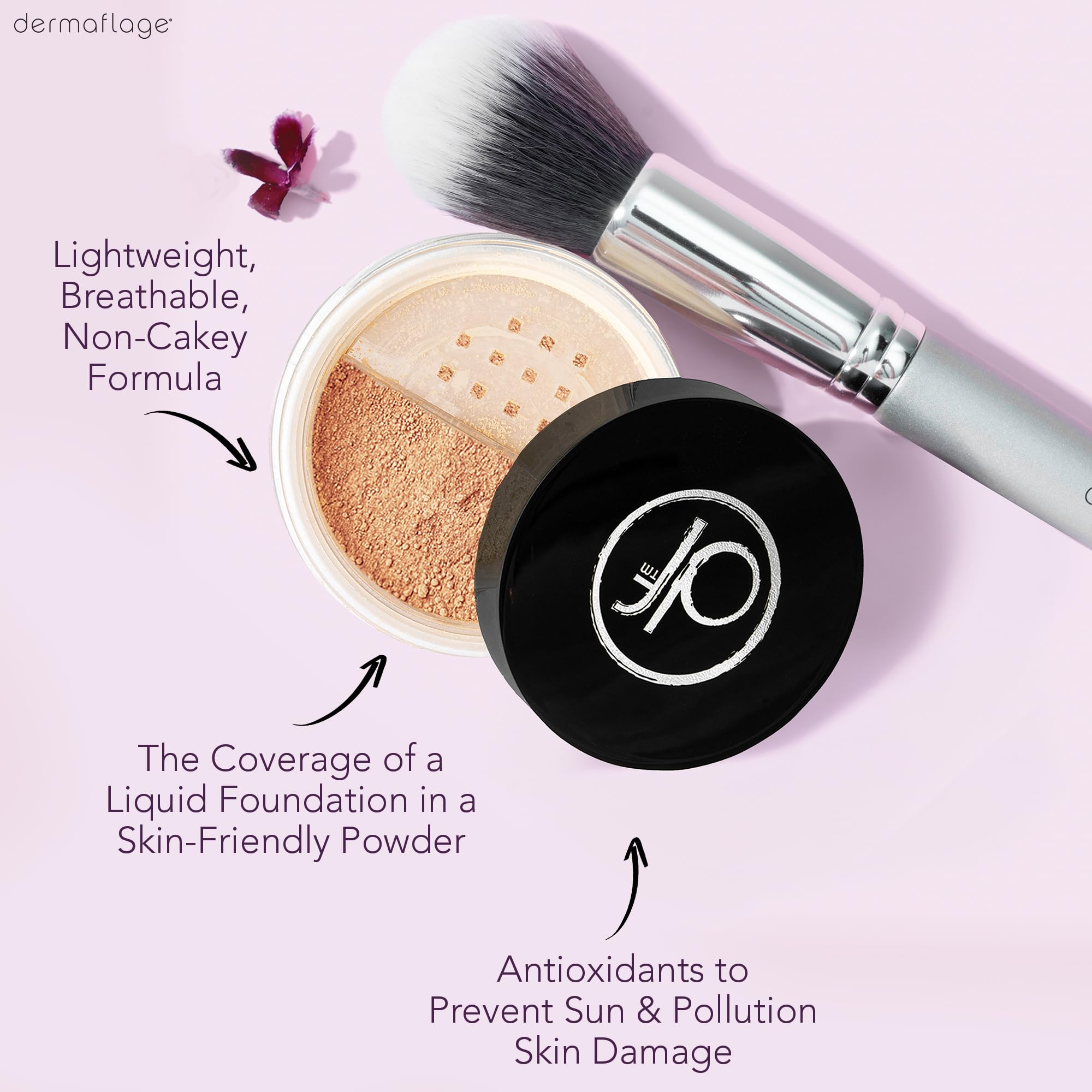Dermaflage mineral powder texture close-up shows blendable fragrance-free formula for sensitive skin