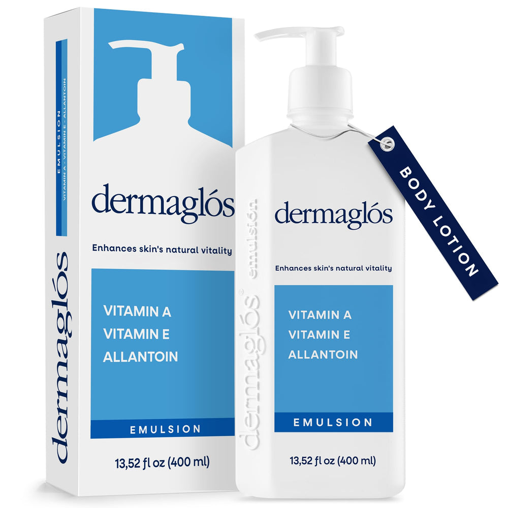 Dermaglós moisturizing body lotion bottle highlights lightweight hydration for dry skin