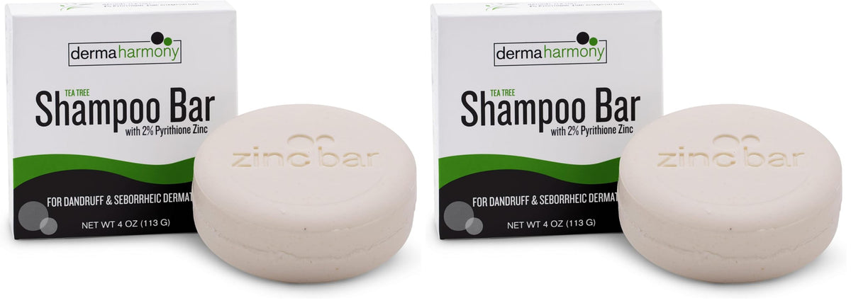 Dermaharmony 2% Pyrithione Zinc Shampoo Bar with Tea Tree — solid bar texture for scalp cleansing.