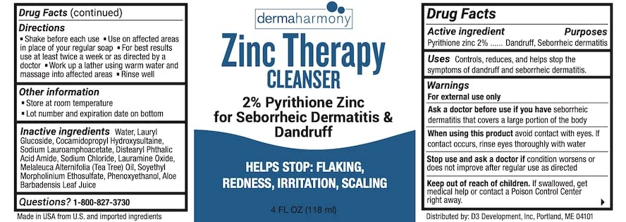 DermaHarmony 2% pyrithione zinc cleanser packaging shows USA made, dye-free formula for sensitive skin.